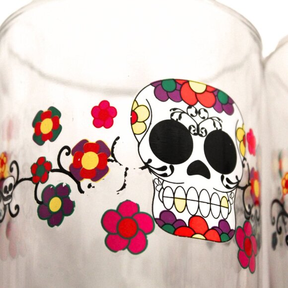 Set of 4 Vintage Glass Old Fashioned Tumblers Day of the Dead Sugar Skull - Picture 6 of 8
